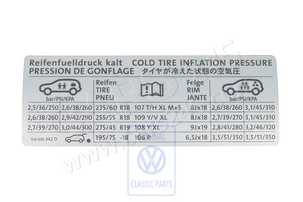 Data plate for tyre pressure Volkswagen Classic 7L6010342D