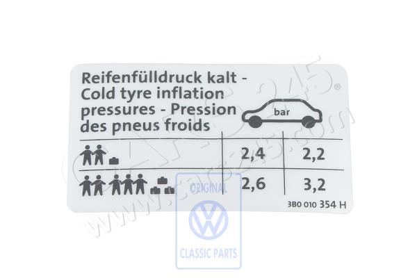 Data plate for tyre pressure 4 cylinder Volkswagen Classic 3B0010354H