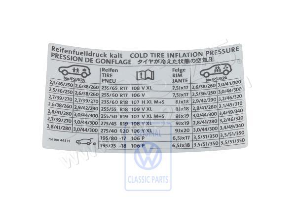 Data plate for tyre pressure Volkswagen Classic 7L6010443H