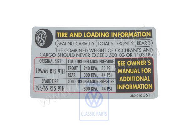 Data plate for tyre pressure Volkswagen Classic 3B0010361H